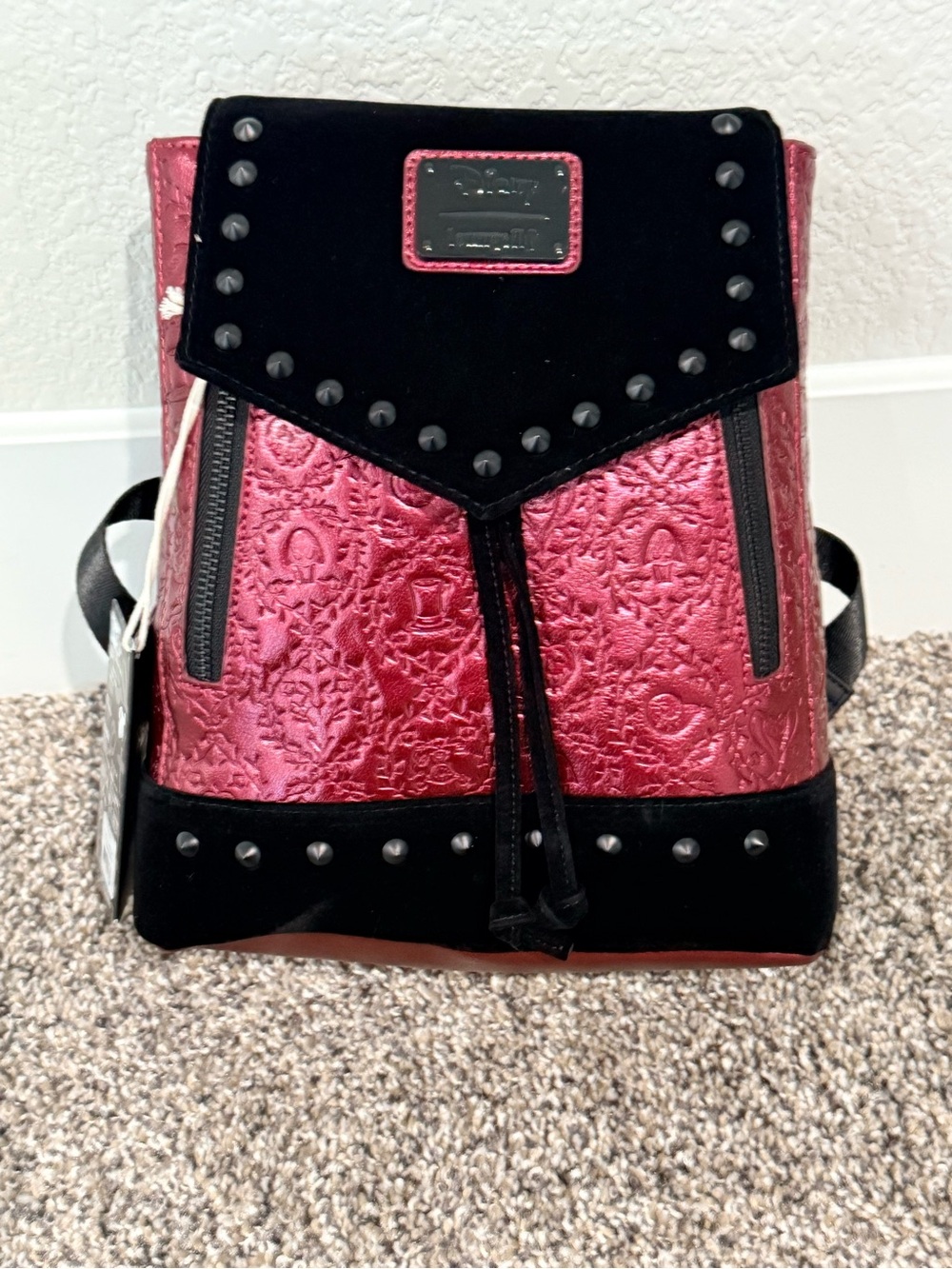 Loungefly Metallic Rose Pink Villains Embossed Mini Backpack with Black Trim